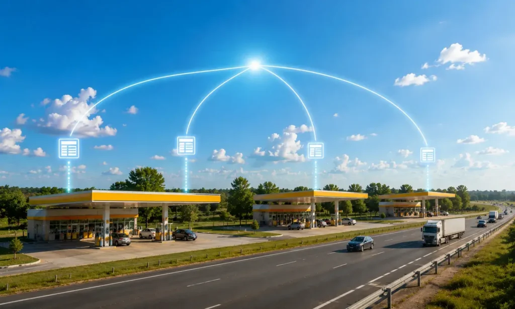 Connected reporting system linking multiple fuel stations with centralized real-time data and operational visibility.