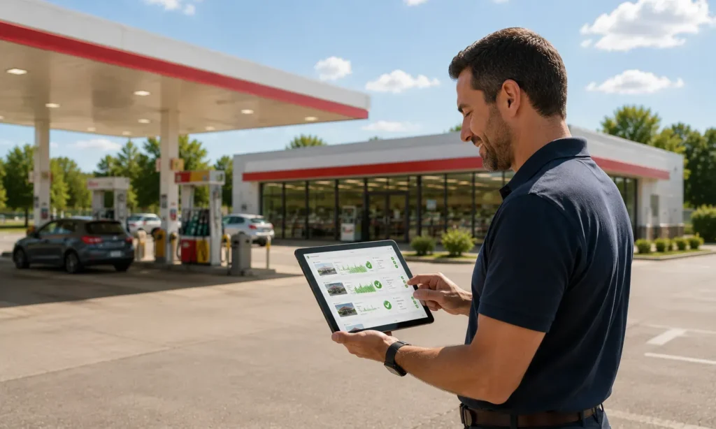 Fuel station manager using a tablet with centralized reporting software to monitor multiple site operations efficiently.