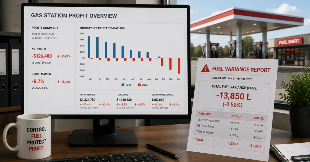 Fuel variance report beside a gas station profit dashboard highlighting the financial impact of fuel inventory discrepancies.