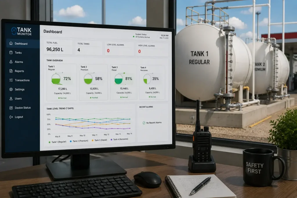 Fuel variance monitoring dashboard displaying real-time underground tank levels and fuel inventory across multiple storage tanks.