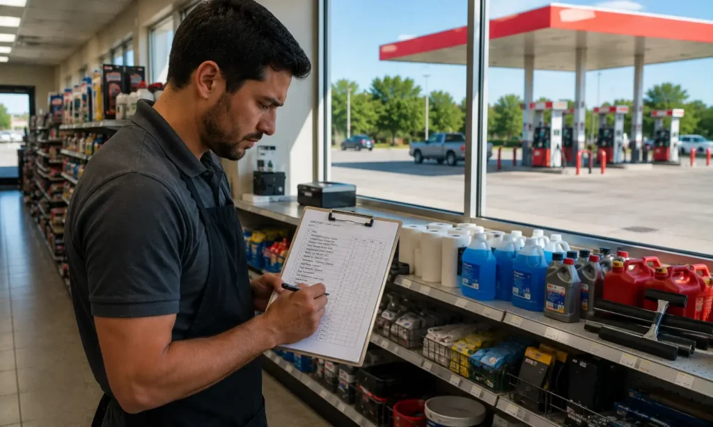 Convenience store employee manually recording inventory because of an outdated POS system.
